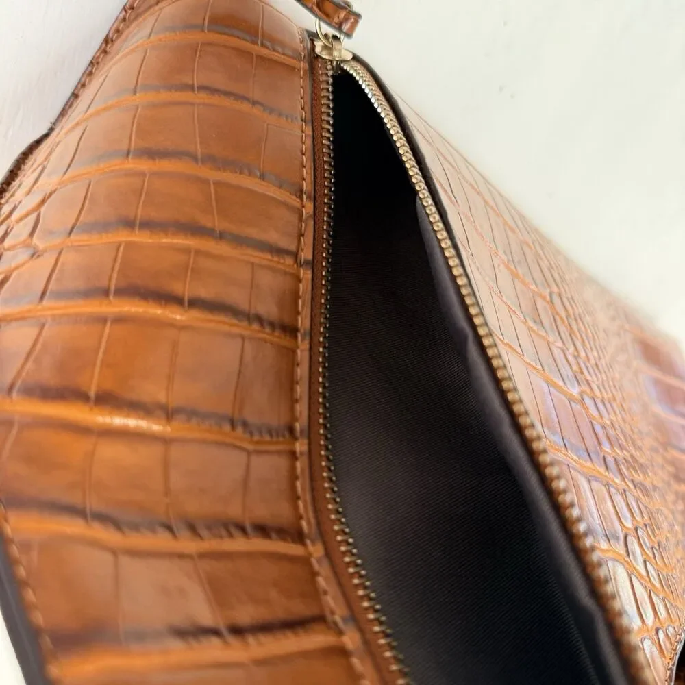 Croc Embossed Brown Faux Leather Clutch Purse Cutout Handle Shoulder Bag - Picture 14 of 16